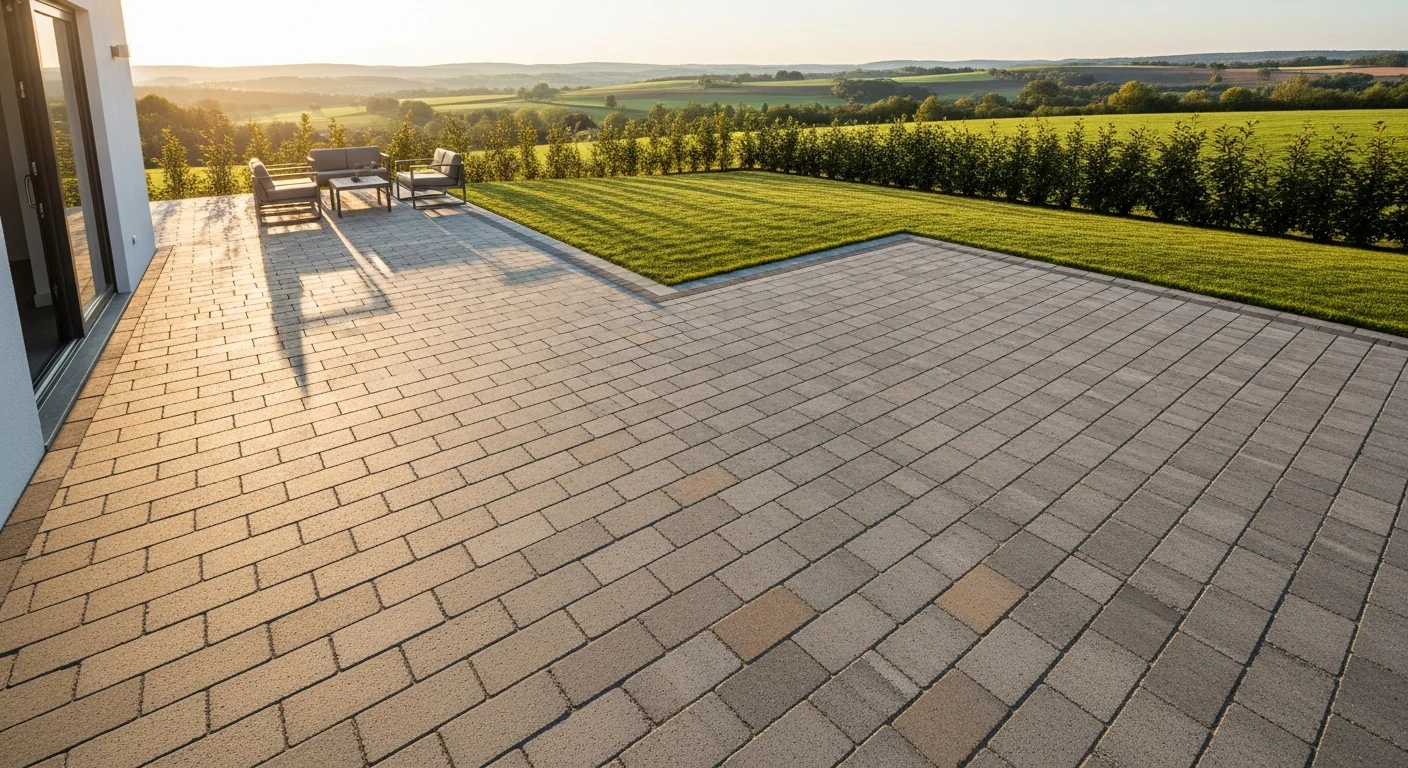 Natursteinterrasse in einem Privatgarten, präzise verlegtes Pflaster im Sonnenlicht